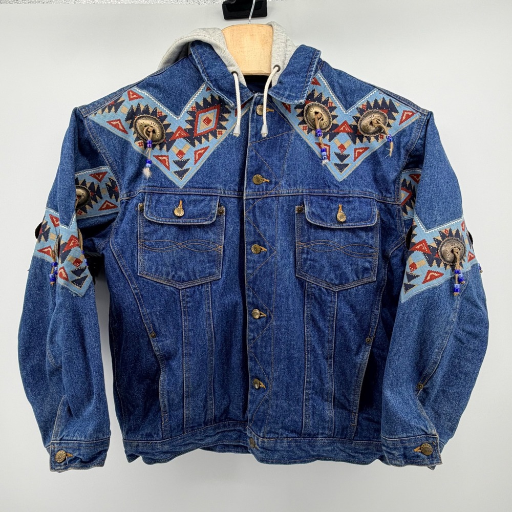 GreatLand Denim Jacket Mens L Blue Wolf Embroidered Southwestern Hooded Vintage